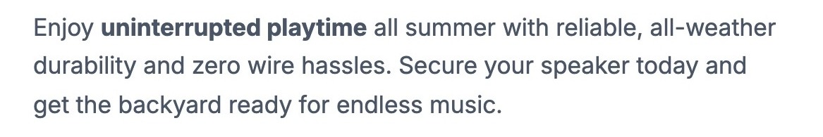 Revised email copy promising uninterrupted playtime all summer with zero wire hassles.