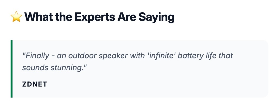 ZDNet quote praising the speaker's infinite battery life and sound.