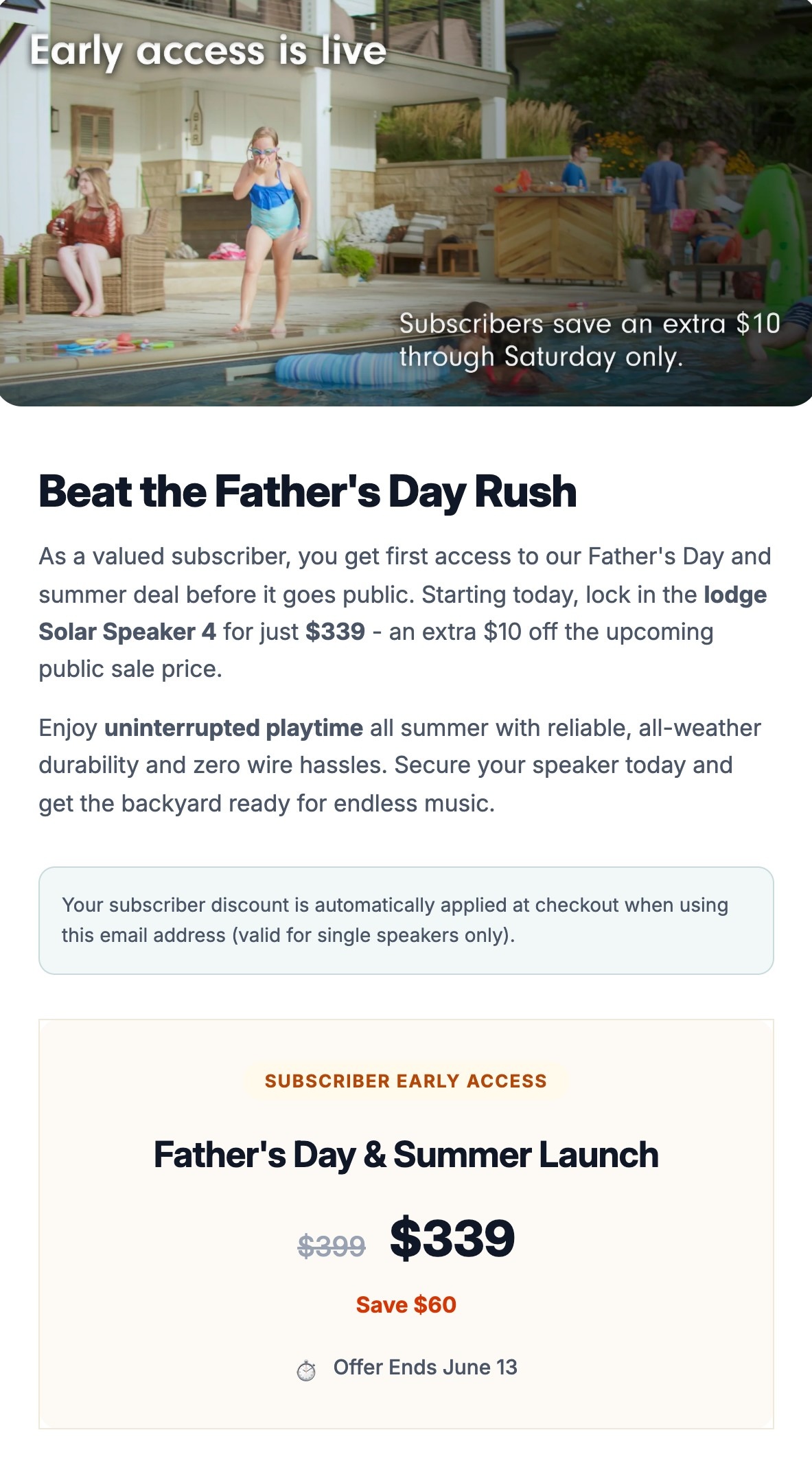Revised promo email with a lifestyle hero photo, short pitch, and a single price card.
