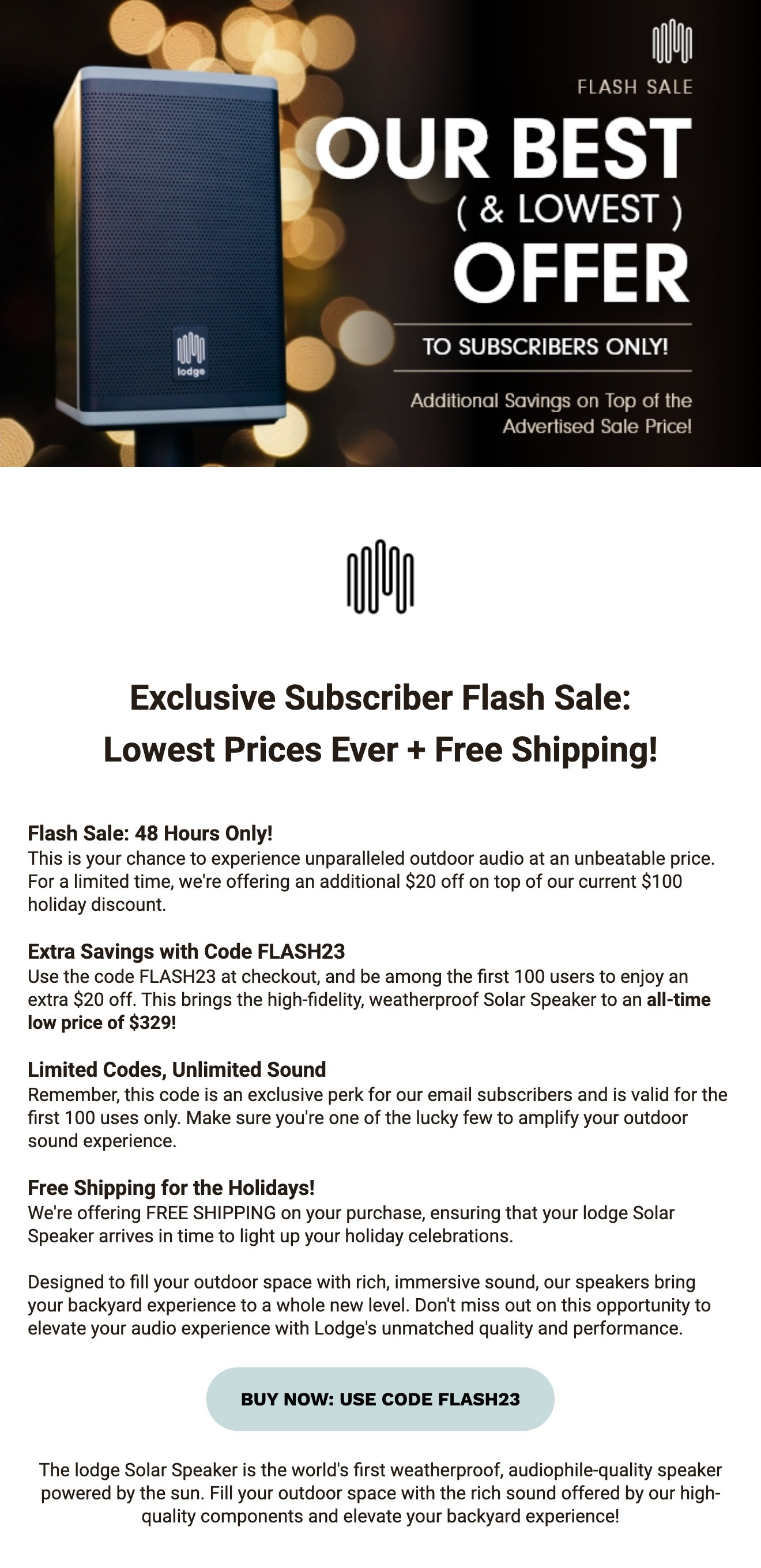 Original promo email with a flash sale hero and four stacked sections of discount copy.