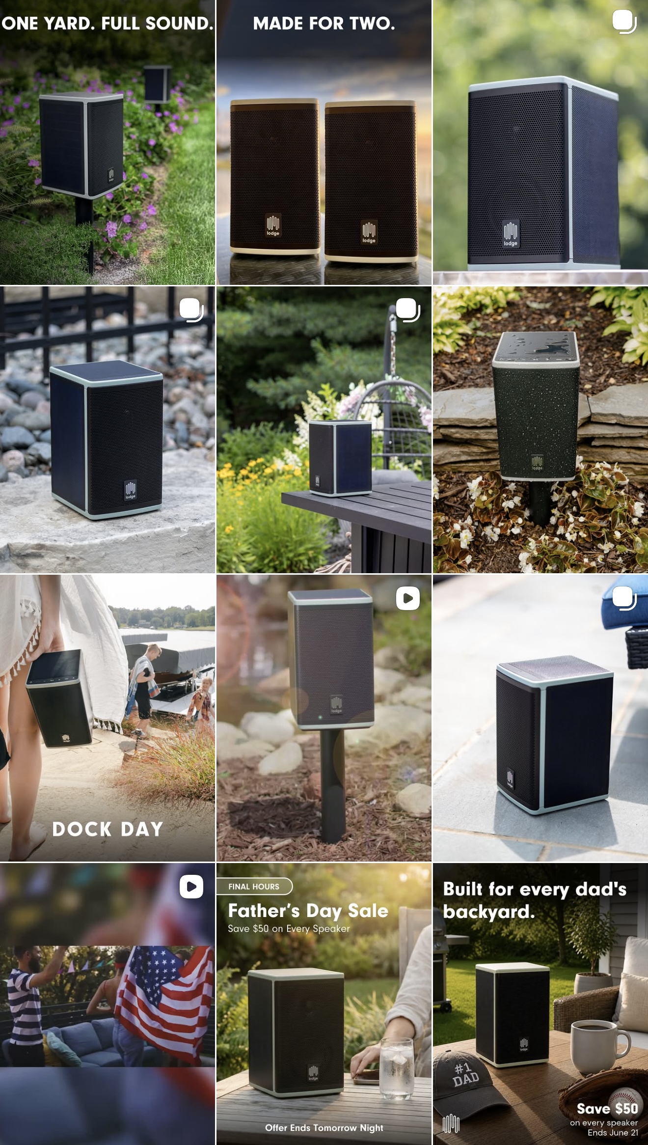 Instagram grid of the speaker photographed in real backyards and gardens.
