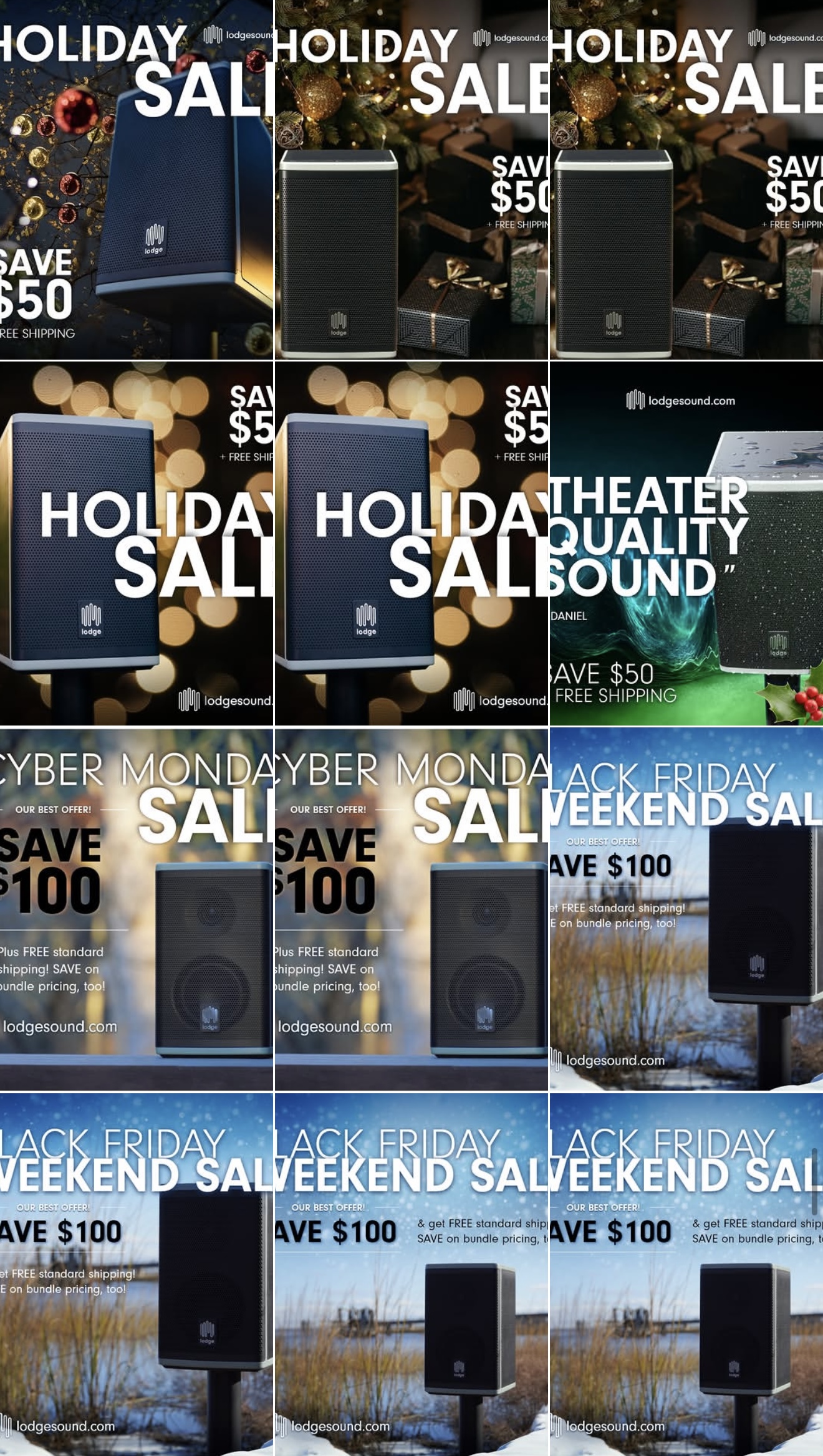 Instagram grid of repeated holiday and Black Friday discount graphics.
